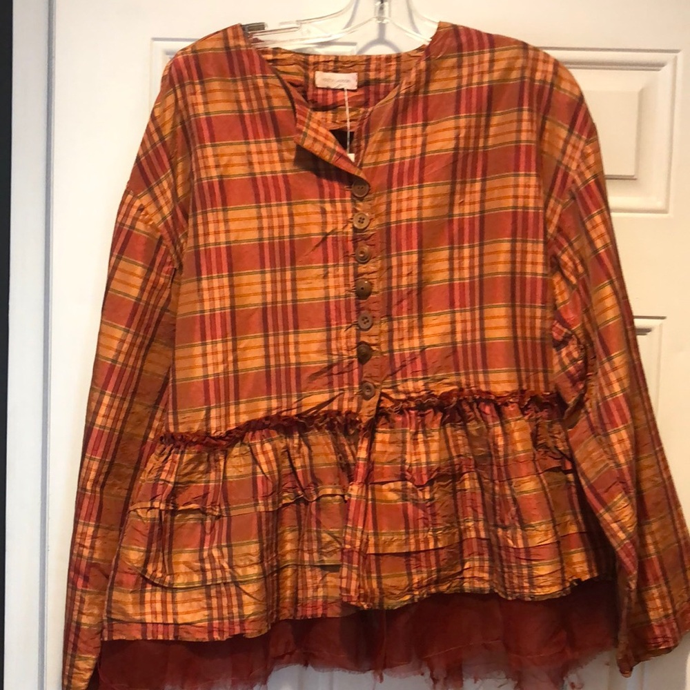 Krista Larson 100% silk top or jacket. NWT. Orange, green and red.